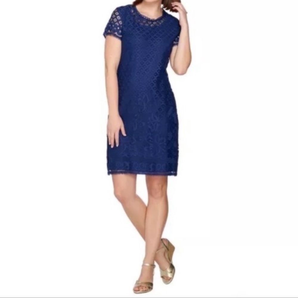 blue lace dress fits well and is a good length